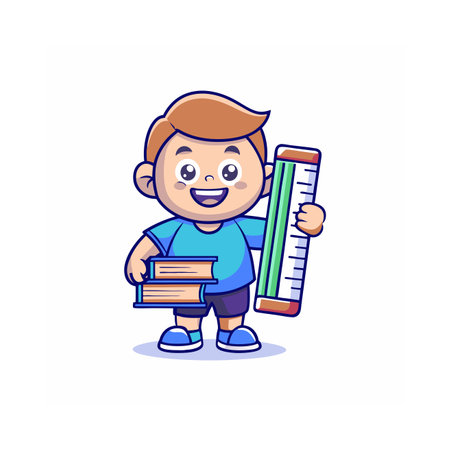 Cute little boy holding books and ruler. Vector cartoon illustration.のイラスト素材