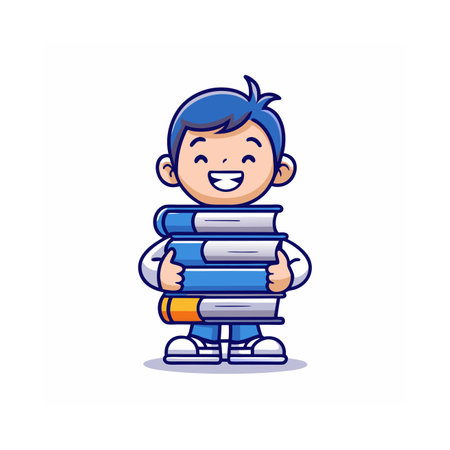 Cute boy holding pile of books. Vector illustration in cartoon style.のイラスト素材
