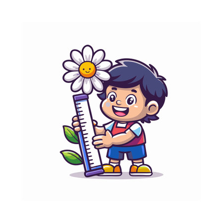 Cute boy holding a big ruler and daisy flower. Vector illustration.のイラスト素材