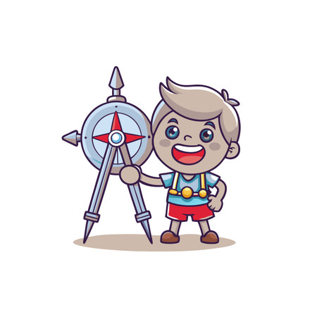 Cartoon explorer boy with compass and compass. Cute vector illustration.のイラスト素材
