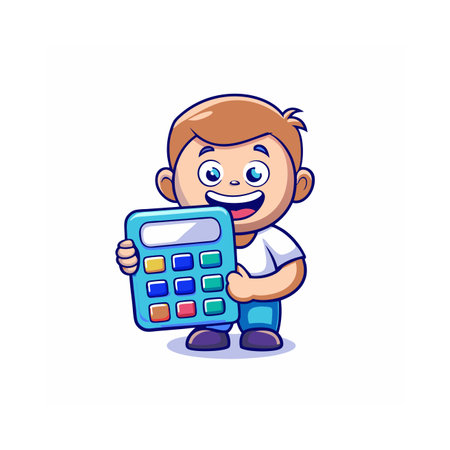 Cute little boy with calculator. Vector illustration in cartoon style.のイラスト素材
