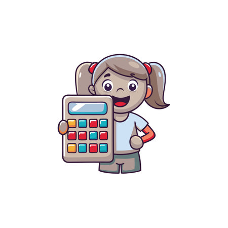 Cute schoolgirl holding calculator and showing thumbs up. Vector illustration.のイラスト素材