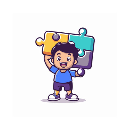 Cartoon boy holding puzzle pieces. Vector illustration in a flat styleのイラスト素材