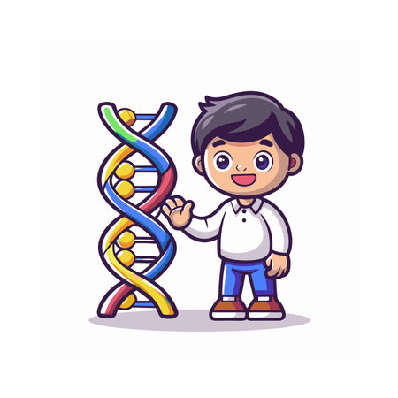 Boy holding DNA molecule and showing thumb up, cartoon vector illustration.のイラスト素材
