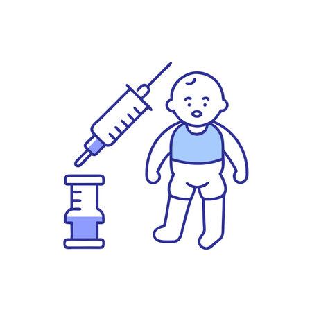 Cute baby boy with a syringe. Vector line icon.のイラスト素材