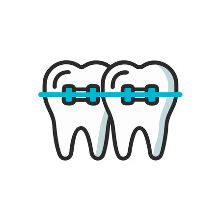 teeth with braces icon over white background, line color style, vector illustrationのイラスト素材