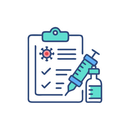 Coronavirus vaccination concept. Vaccine, syringe and checklist. Vector illustrationのイラスト素材