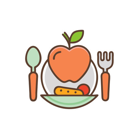 Fruit and vegetables in plate with fork and spoon. Vector illustration.のイラスト素材