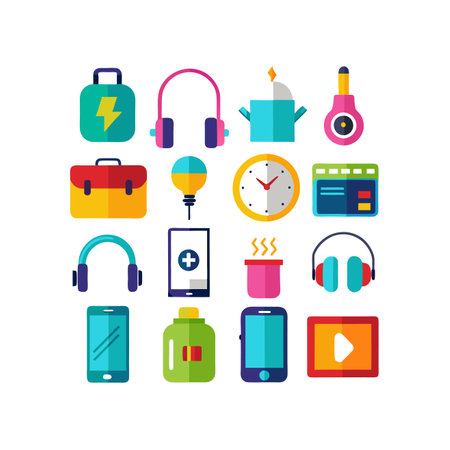 Set of flat icons with mobile phone, headphones, briefcase, microphone and other gadgetsのイラスト素材