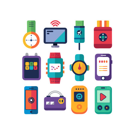 Set of electronic gadgets. Vector illustration in flat style. Smartphone, tablet, smart watch, headphones, wristwatch, camera, charger, video player.のイラスト素材