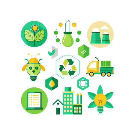 Ecology flat icons set with green energy symbols isolated vector illustration.のイラスト素材