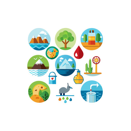 Ecology flat icons set with water and nature elements isolated vector illustrationのイラスト素材