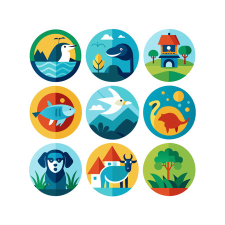 Set of flat icons with animals on the theme of nature. Vector illustrationのイラスト素材