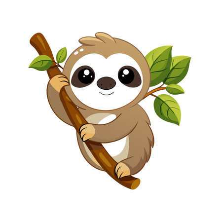 Cute cartoon sloth hanging on tree branch. Vector illustration.のイラスト素材