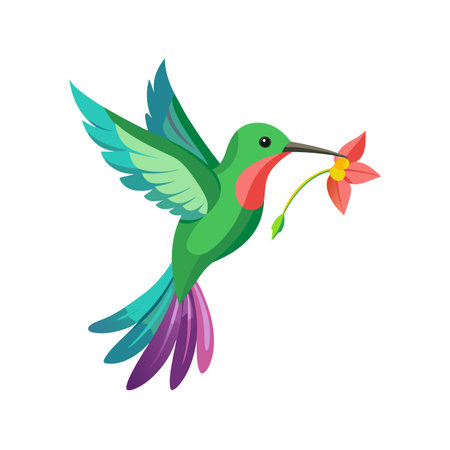 Hummingbird with flower in its beak, colorful cartoon vector Illustration isolated on a white background.のイラスト素材