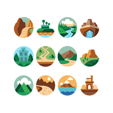 Landscapes and nature icons set. Vector illustration in flat styleのイラスト素材