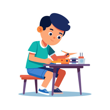 Joyful boy enjoying model airplane buildingのイラスト素材