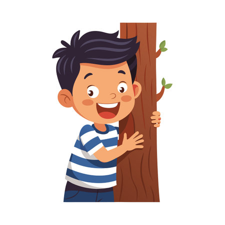 Young Boy Peeking Out in Hide and Seek Gameのイラスト素材
