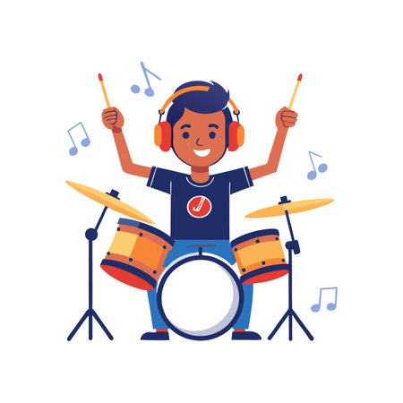 Young Boy Enthusiastically Playing the Drumsのイラスト素材