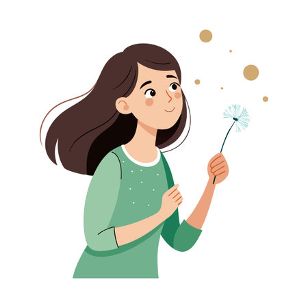 Girl with dandelion. Vector illustration in flat cartoon style.のイラスト素材