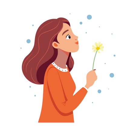 Illustration of someone blowing a dandelion flower, vector art on a white backgroundのイラスト素材