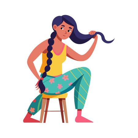 Young woman with braids sitting on chair, flat vector illustration isolated on white background.のイラスト素材