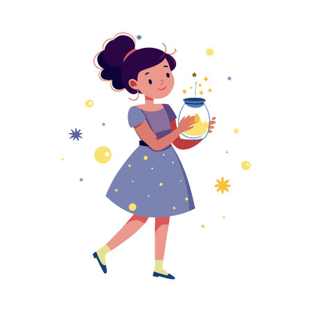 Cute little girl holding a jar with magic potion, flat vector illustration isolated on white background.のイラスト素材