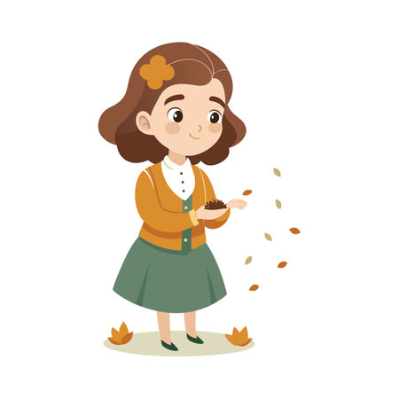 Cute little girl holding a handful of seeds. Vector illustration.のイラスト素材