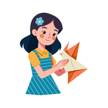 Cute little girl holding origami paper plane. Vector illustration.のイラスト素材