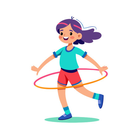 Cute little girl playing with hula hoop cartoon vector Illustrationのイラスト素材