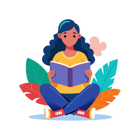 Girl reading a book sitting on the floor. Flat vector illustration.のイラスト素材