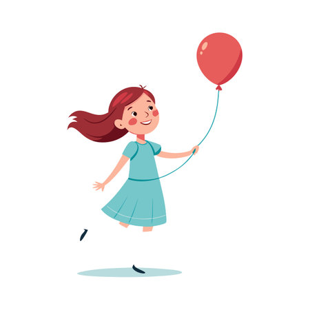 Cute little girl flying with red balloon, flat vector illustration isolated.のイラスト素材