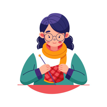 Cute little girl knitting a scarf. Vector illustration in cartoon style.のイラスト素材