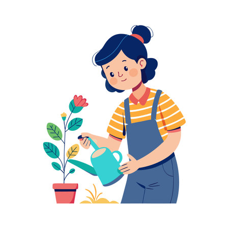 Gardening, woman watering a plant. Flat style vector illustration.のイラスト素材