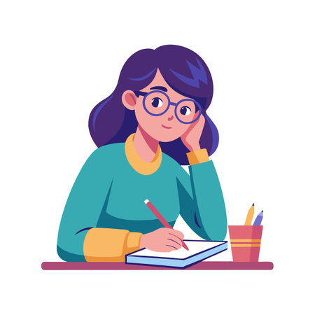 Cute girl doing homework. Vector illustration in a flat style.のイラスト素材