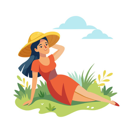 Young woman in straw hat and red dress sitting on grass, vector illustrationのイラスト素材