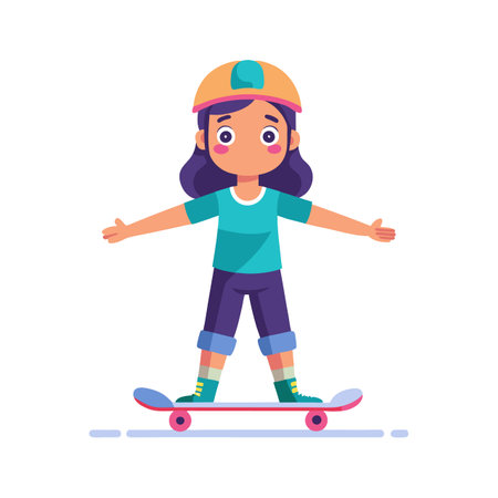 Cute little girl riding skateboard. Vector illustration in cartoon styleのイラスト素材