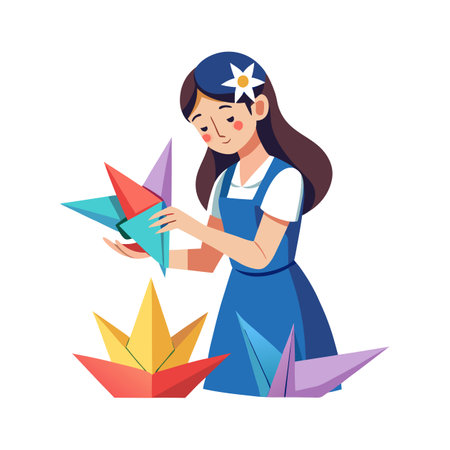 Woman with origami paper plane. Vector illustration in cartoon style.のイラスト素材