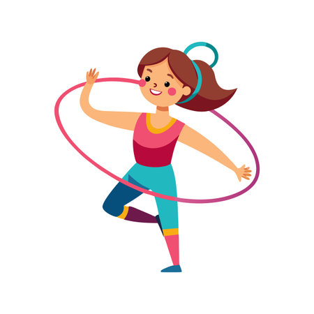 Little girl in sportswear doing exercises with hoop vector Illustrationのイラスト素材