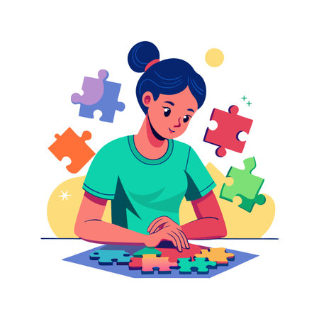 Woman solving jigsaw puzzle. Vector illustration in flat cartoon style.のイラスト素材