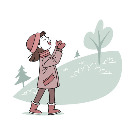Vector illustration of a girl in winter clothes walking in the park.のイラスト素材
