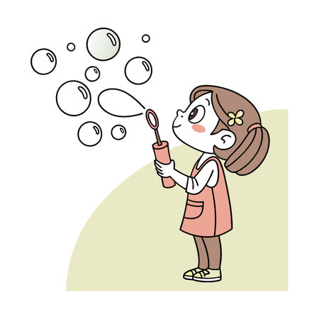 Girl blowing soap bubbles. Vector illustration of girl blowing soap bubbles.のイラスト素材