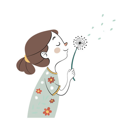 Cute girl blowing dandelion on white background. Vector illustration.のイラスト素材