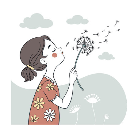 Young woman blowing dandelion seeds. Hand drawn vector illustration.のイラスト素材