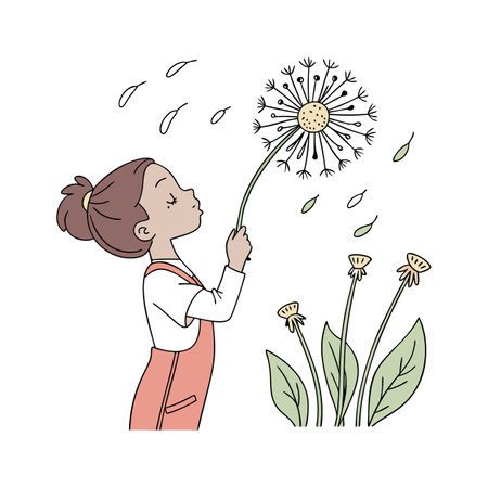 Vector hand drawn illustration of a girl blowing dandelion seeds.のイラスト素材