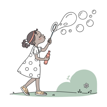 Little girl blowing soap bubbles. Vector illustration in hand drawn style.のイラスト素材