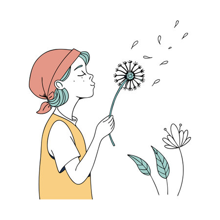 Woman blowing dandelion. Hand drawn vector illustration in sketch style.のイラスト素材