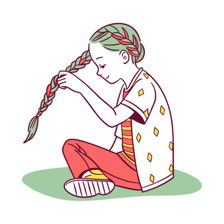 Little girl playing with braids. Vector illustration in cartoon style.のイラスト素材
