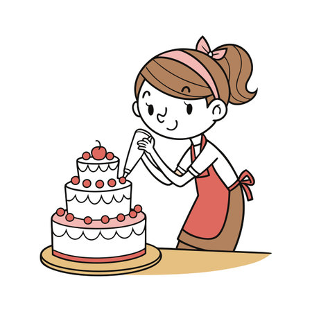 Illustration of a Girl Decorating a Cake on White Backgroundのイラスト素材