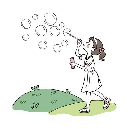 Girl blowing soap bubbles in the park. Vector illustration of a girl blowing soap bubbles.のイラスト素材